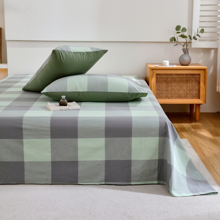 91家纺网 家纺一手货源 找家纺 春皖家纺 2026新款色织AB版水洗棉三件套四件套单品系列（单床单-A版风格一） 素雅-清格