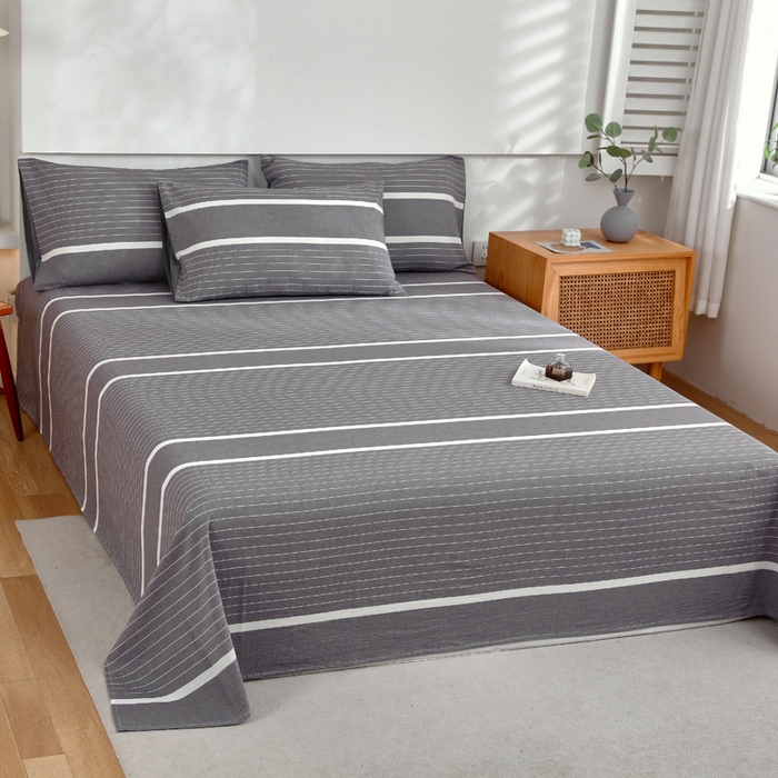 91家纺网 家纺一手货源 找家纺 春皖家纺 2026新款色织AB版水洗棉三件套四件套单品系列（单床单-A版风格一） 素雅-灰条