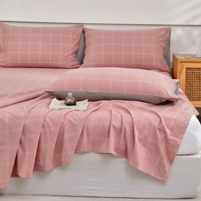 91家纺网 家纺一手货源 找家纺 春皖家纺 2026新款色织AB版水洗棉三件套四件套单品系列（单床单-A版风格一） 素雅-韵粉