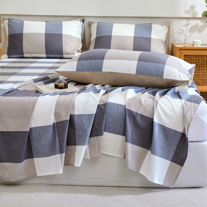 91家纺网 家纺一手货源 找家纺 春皖家纺 2026新款色织AB版水洗棉三件套四件套单品系列（单床单-A版风格一） 素雅-蓝大格