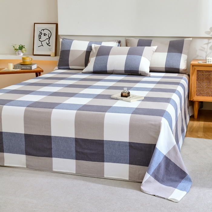 91家纺网 家纺一手货源 找家纺 春皖家纺 2026新款色织AB版水洗棉三件套四件套单品系列（单床单-A版风格一） 素雅-蓝大格