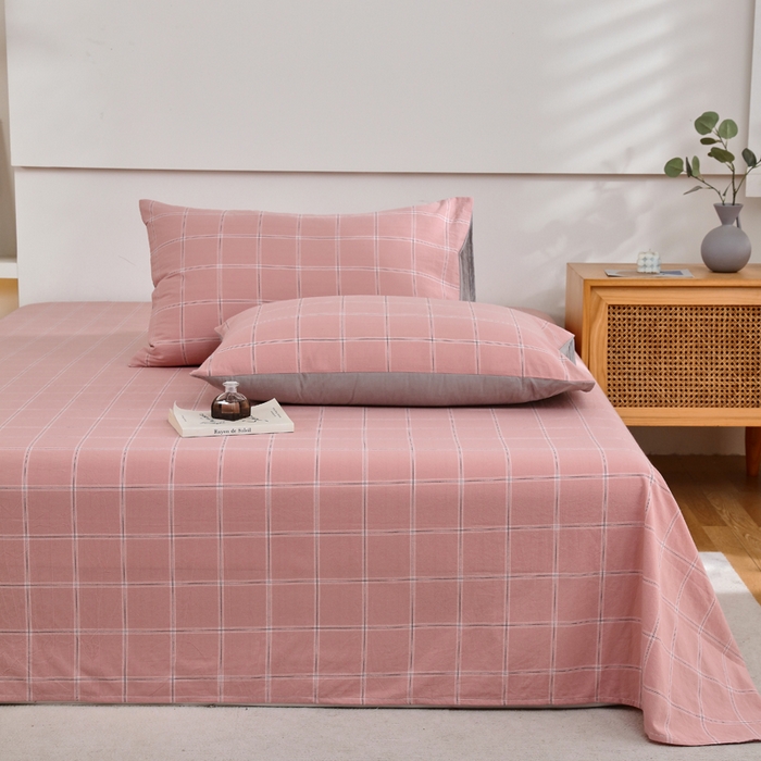 91家纺网 家纺一手货源 找家纺 春皖家纺 2026新款色织AB版水洗棉三件套四件套单品系列（单床单-A版风格一） 素雅-韵粉