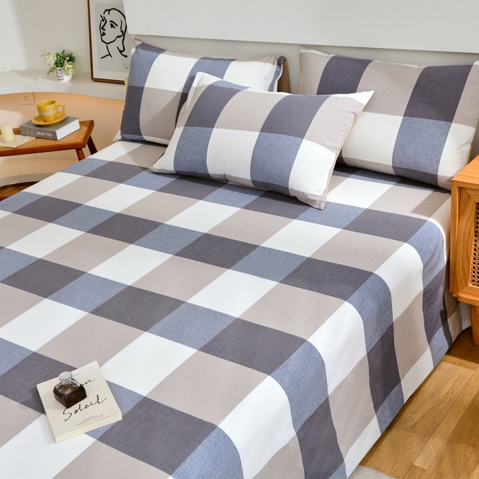 91家纺网 家纺一手货源 找家纺 春皖家纺 2026新款色织AB版水洗棉三件套四件套单品系列（单床单-A版风格一） 素雅-蓝大格