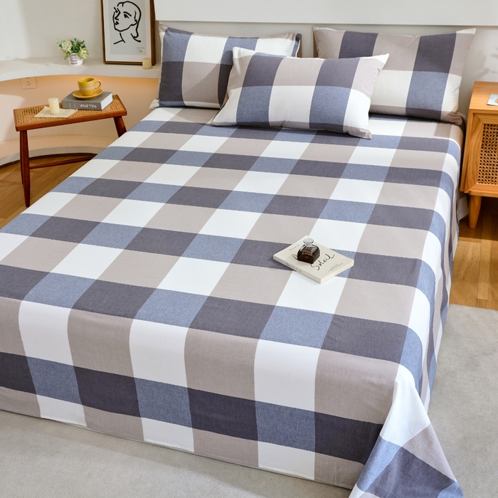 91家纺网 家纺一手货源 找家纺 春皖家纺 2026新款色织AB版水洗棉三件套四件套单品系列（单床单-A版风格一） 素雅-蓝大格