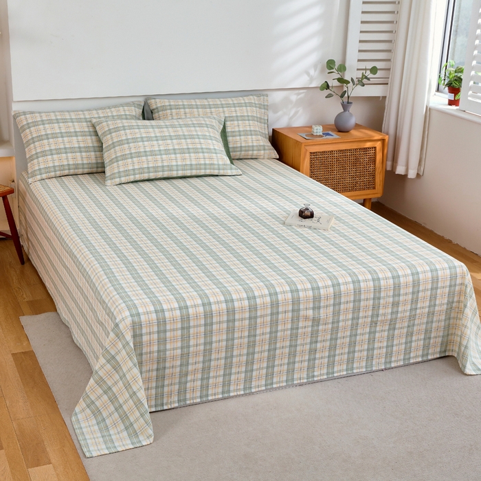 91家纺网 家纺一手货源 找家纺 春皖家纺 2026新款色织AB版水洗棉三件套四件套单品系列（单床单-A版风格一） 翠竹-果条