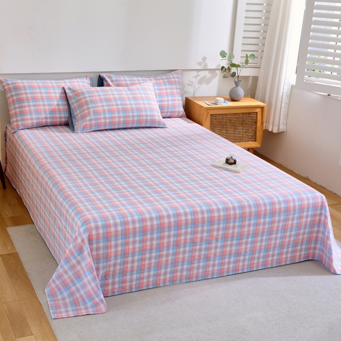 91家纺网 家纺一手货源 找家纺 春皖家纺 2026新款色织AB版水洗棉三件套四件套单品系列（单床单-A版风格一） 翠竹-桔格