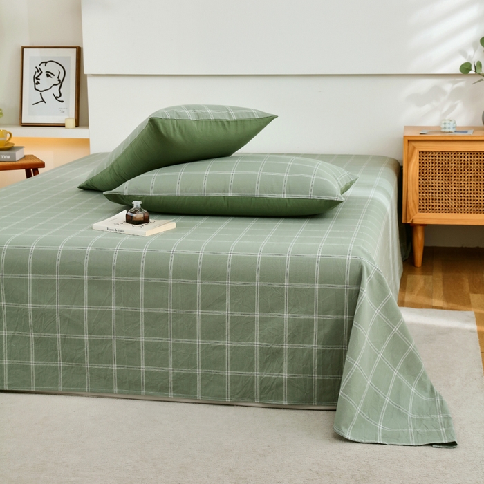 91家纺网 家纺一手货源 找家纺 春皖家纺 2026新款色织AB版水洗棉三件套四件套单品系列（单床单-A版风格一） 素雅-韵绿