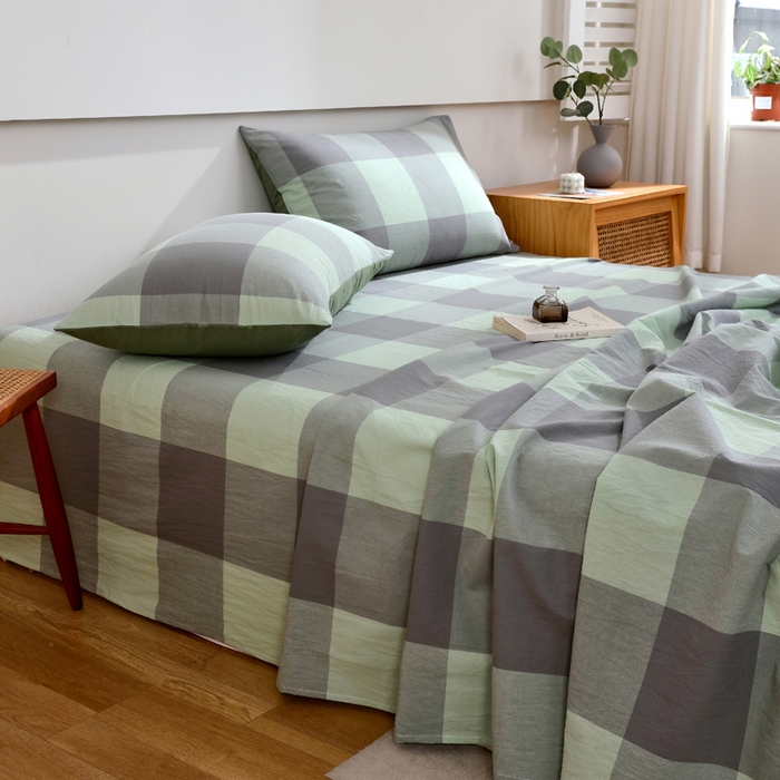 91家纺网 家纺一手货源 找家纺 春皖家纺 2026新款色织AB版水洗棉三件套四件套单品系列（单床单-A版风格一） 素雅-清格