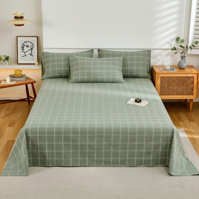 春皖家纺 2026新款色织AB版水洗棉三件套四件套单品系列（单床单-A版风格一） 素雅-韵绿