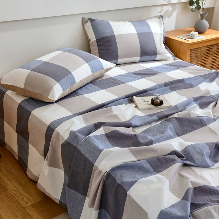 91家纺网 家纺一手货源 找家纺 春皖家纺 2026新款色织AB版水洗棉三件套四件套单品系列（单床单-A版风格一） 素雅-蓝大格