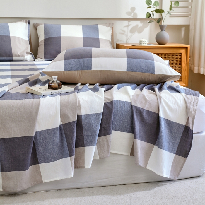 91家纺网 家纺一手货源 找家纺 春皖家纺 2026新款色织AB版水洗棉三件套四件套单品系列（单床单-A版风格一） 素雅-蓝大格