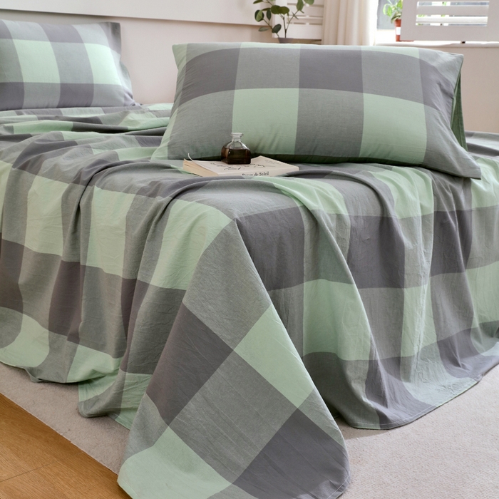 91家纺网 家纺一手货源 找家纺 春皖家纺 2026新款色织AB版水洗棉三件套四件套单品系列（单床单-A版风格一） 素雅-清格