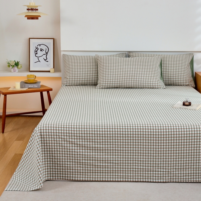 91家纺网 家纺一手货源 找家纺 春皖家纺 2026新款色织AB版水洗棉三件套四件套单品系列（单床单-A版风格一） 素雅-绿格