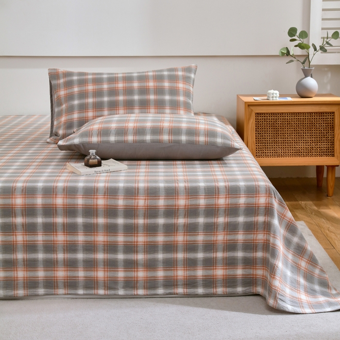 91家纺网 家纺一手货源 找家纺 春皖家纺 2026新款色织AB版水洗棉三件套四件套单品系列（单床单-A版风格一） 栗木-咖格