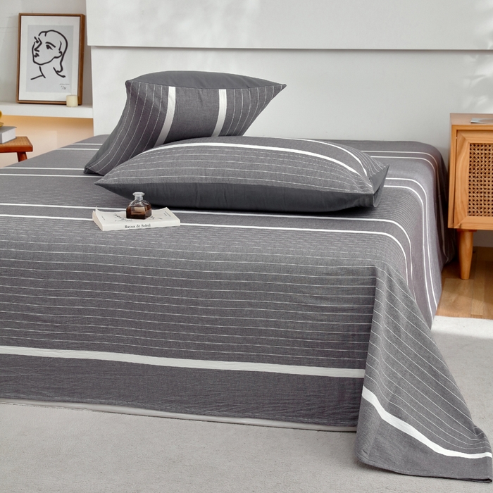 91家纺网 家纺一手货源 找家纺 春皖家纺 2026新款色织AB版水洗棉三件套四件套单品系列（单床单-A版风格一） 素雅-灰条