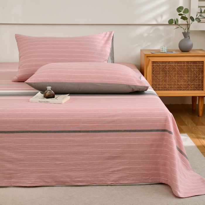 91家纺网 家纺一手货源 找家纺 春皖家纺 2026新款色织AB版水洗棉三件套四件套单品系列（单床单-A版风格一） 素雅-蔻粉