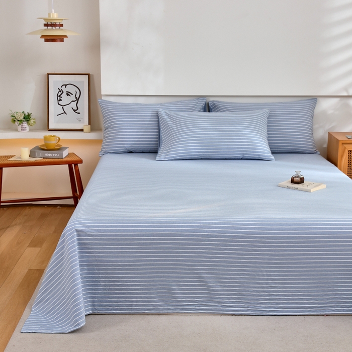 91家纺网 家纺一手货源 找家纺 春皖家纺 2026新款色织AB版水洗棉三件套四件套单品系列（单床单-A版风格一） 素雅-蓝条