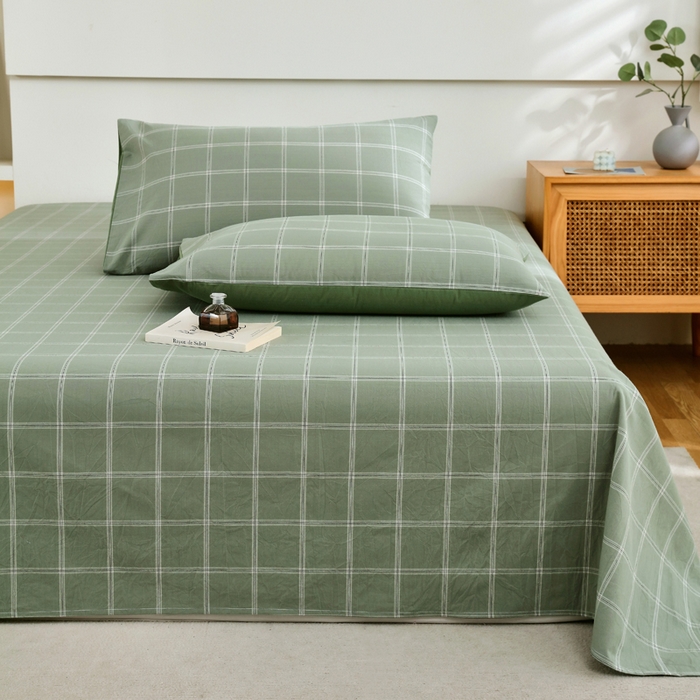 91家纺网 家纺一手货源 找家纺 春皖家纺 2026新款色织AB版水洗棉三件套四件套单品系列（单床单-A版风格一） 素雅-韵绿