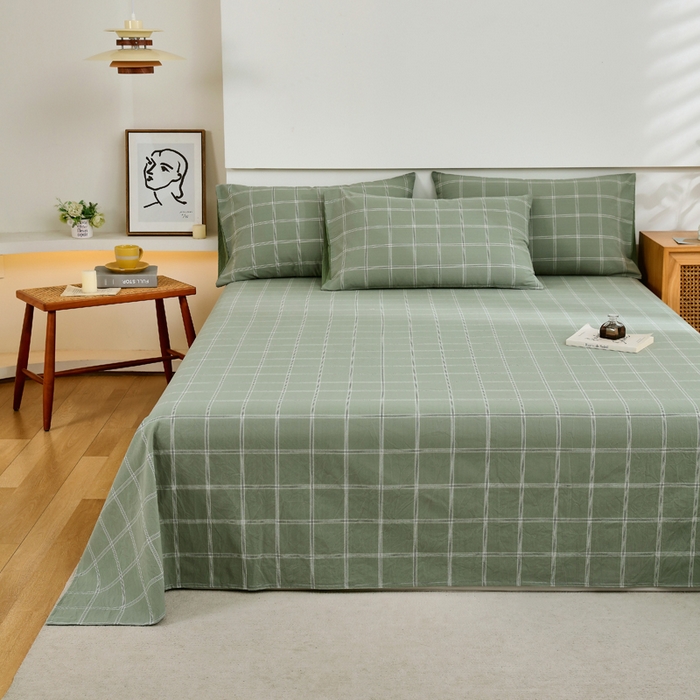 91家纺网 家纺一手货源 找家纺 春皖家纺 2026新款色织AB版水洗棉三件套四件套单品系列（单床单-A版风格一） 素雅-韵绿