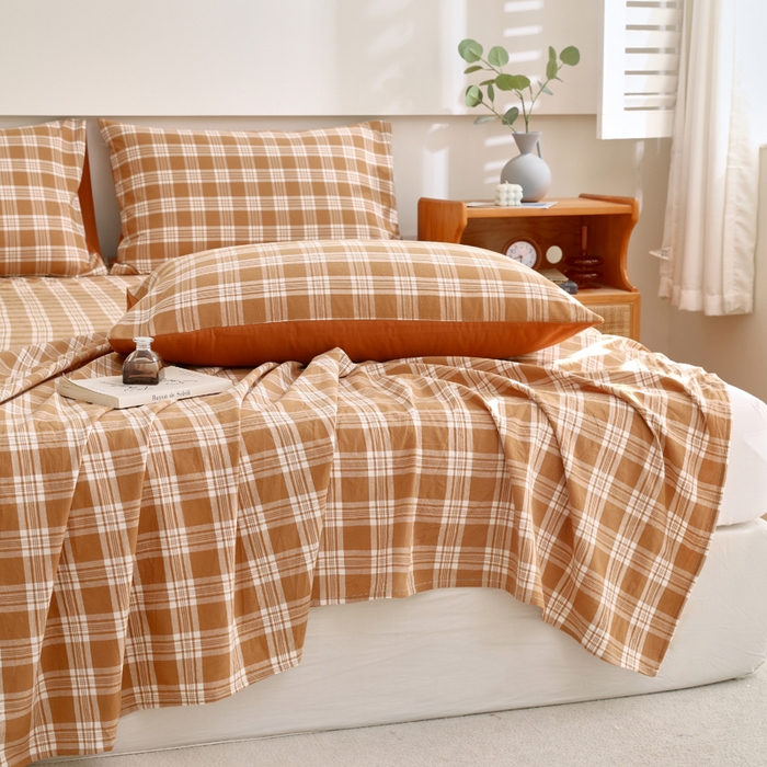 91家纺网 家纺一手货源 找家纺 春皖家纺 2026新款色织AB版水洗棉三件套四件套单品系列（单床单-A版风格一） 素雅-黄格