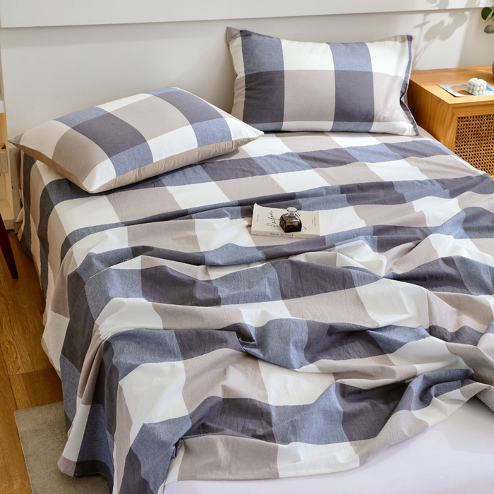 91家纺网 家纺一手货源 找家纺 春皖家纺 2026新款色织AB版水洗棉三件套四件套单品系列（单床单-A版风格一） 素雅-蓝大格