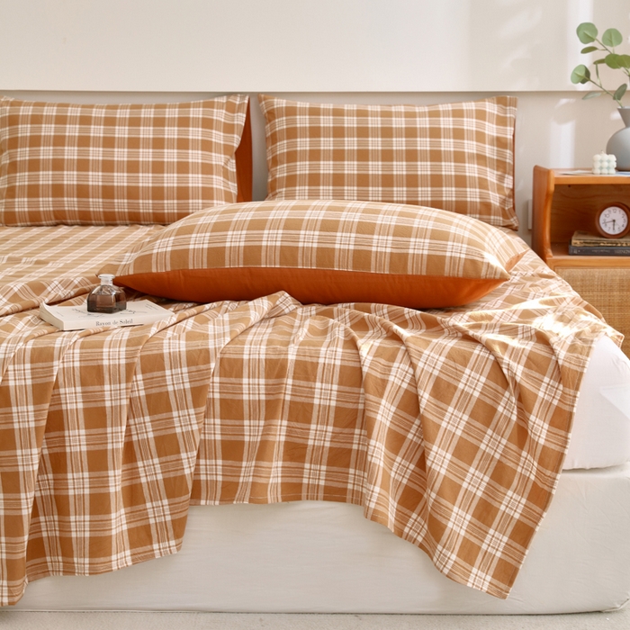 91家纺网 家纺一手货源 找家纺 春皖家纺 2026新款色织AB版水洗棉三件套四件套单品系列（单床单-A版风格一） 素雅-黄格