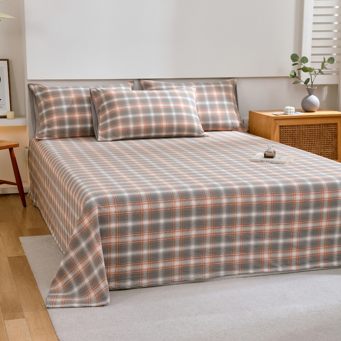 91家纺网 家纺一手货源 找家纺 春皖家纺 2026新款色织AB版水洗棉三件套四件套单品系列（单床单-A版风格一） 栗木-咖格