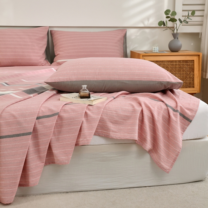 91家纺网 家纺一手货源 找家纺 春皖家纺 2026新款色织AB版水洗棉三件套四件套单品系列（单床单-A版风格一） 素雅-蔻粉