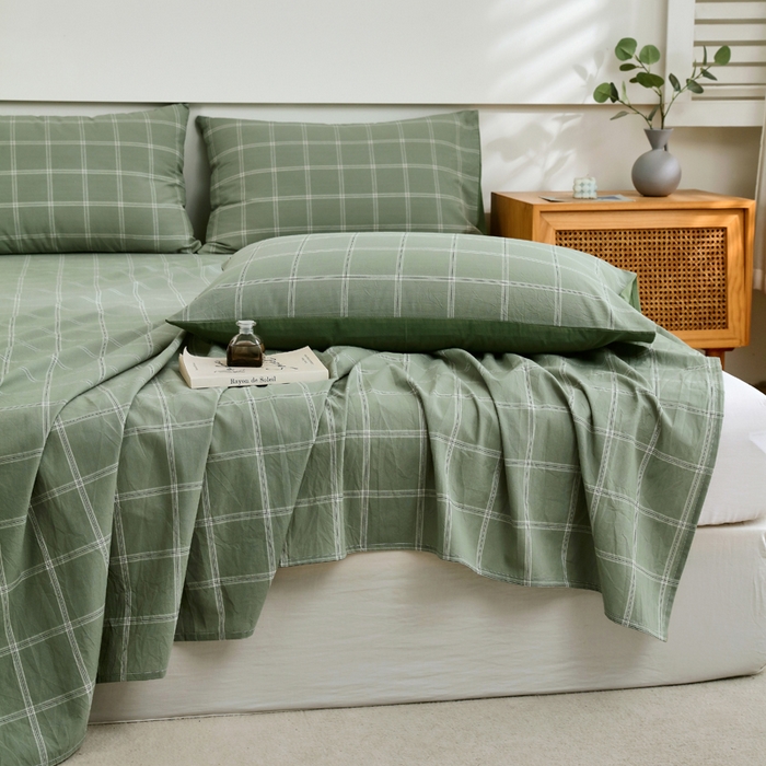 91家纺网 家纺一手货源 找家纺 春皖家纺 2026新款色织AB版水洗棉三件套四件套单品系列（单床单-A版风格一） 素雅-韵绿