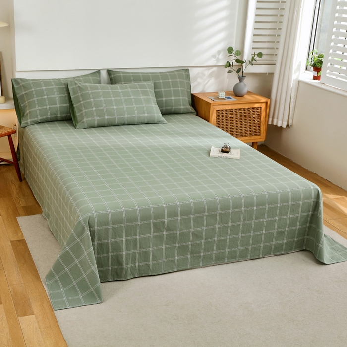 91家纺网 家纺一手货源 找家纺 春皖家纺 2026新款色织AB版水洗棉三件套四件套单品系列（单床单-A版风格一） 素雅-韵绿