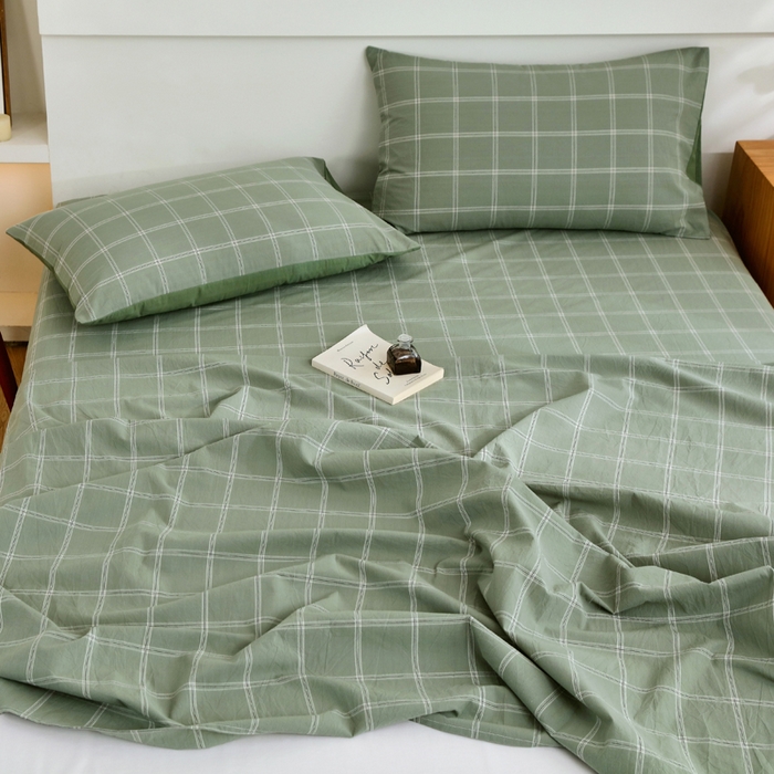 91家纺网 家纺一手货源 找家纺 春皖家纺 2026新款色织AB版水洗棉三件套四件套单品系列（单床单-A版风格一） 素雅-韵绿