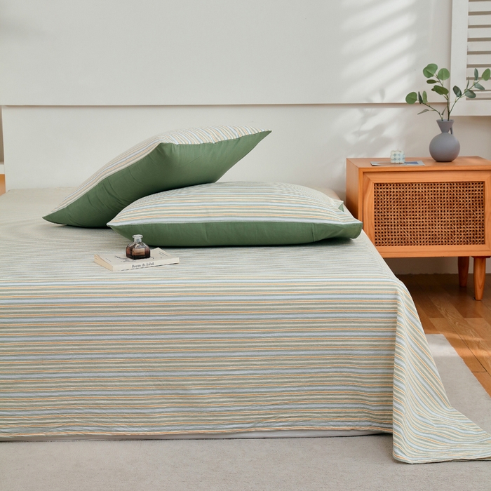 91家纺网 家纺一手货源 找家纺 春皖家纺 2026新款色织AB版水洗棉三件套四件套单品系列（单床单-A版风格一） 素雅-绿条