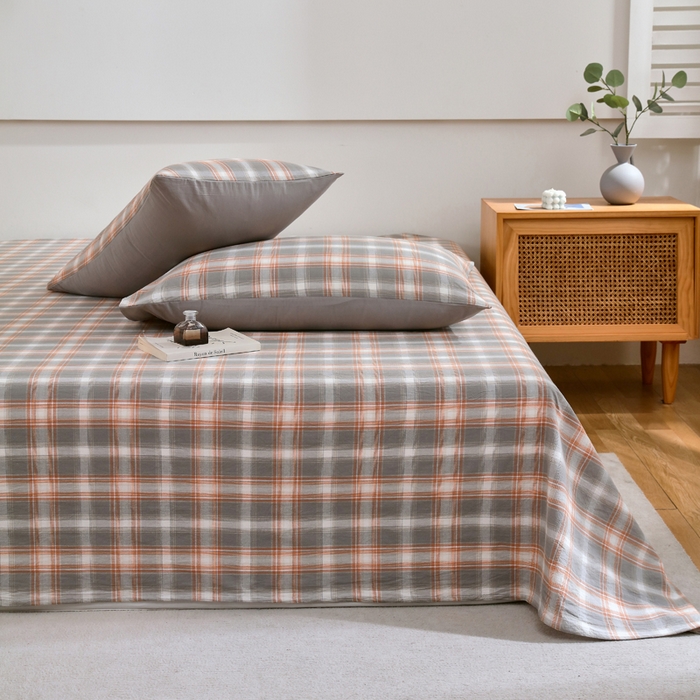 91家纺网 家纺一手货源 找家纺 春皖家纺 2026新款色织AB版水洗棉三件套四件套单品系列（单床单-A版风格一） 栗木-咖格