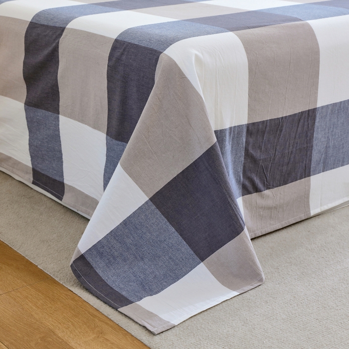 91家纺网 家纺一手货源 找家纺 春皖家纺 2026新款色织AB版水洗棉三件套四件套单品系列（单床单-A版风格一） 素雅-蓝大格