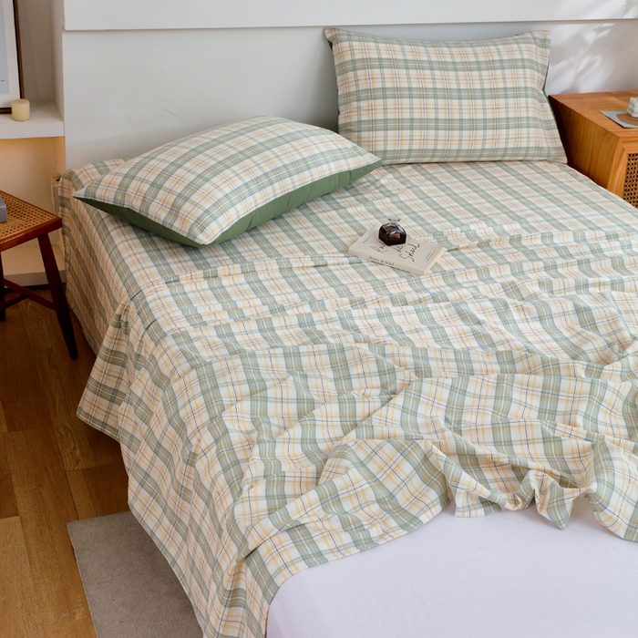 91家纺网 家纺一手货源 找家纺 春皖家纺 2026新款色织AB版水洗棉三件套四件套单品系列（单床单-A版风格一） 翠竹-果条