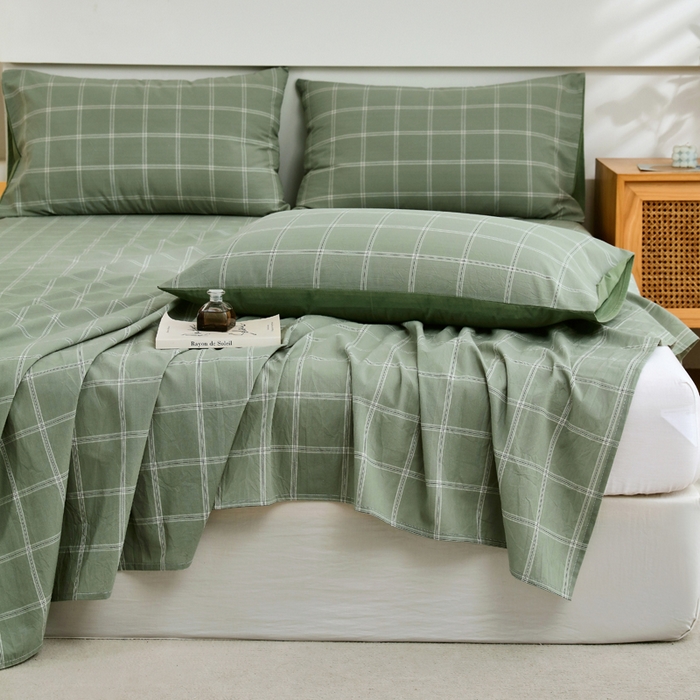 91家纺网 家纺一手货源 找家纺 春皖家纺 2026新款色织AB版水洗棉三件套四件套单品系列（单床单-A版风格一） 素雅-韵绿