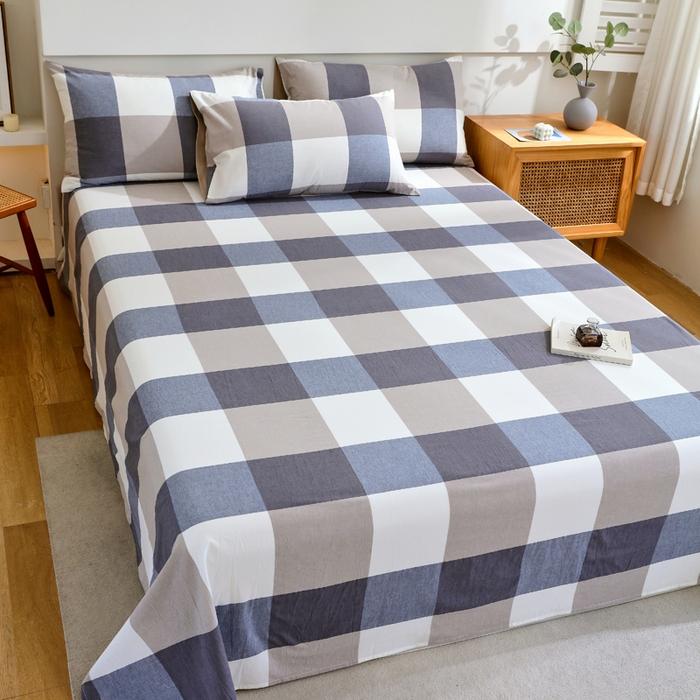 91家纺网 家纺一手货源 找家纺 春皖家纺 2026新款色织AB版水洗棉三件套四件套单品系列（单床单-A版风格一） 素雅-蓝大格