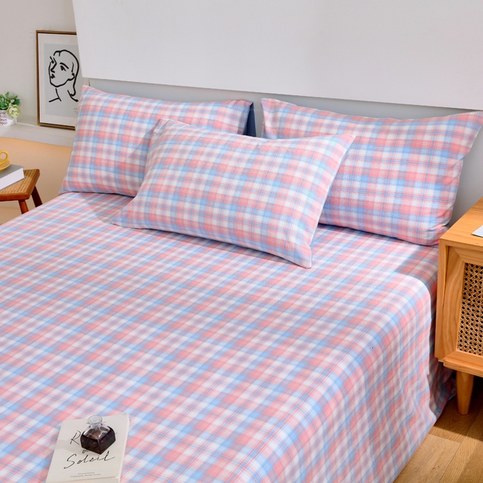 91家纺网 家纺一手货源 找家纺 春皖家纺 2026新款色织AB版水洗棉三件套四件套单品系列（单床单-A版风格一） 翠竹-桔格