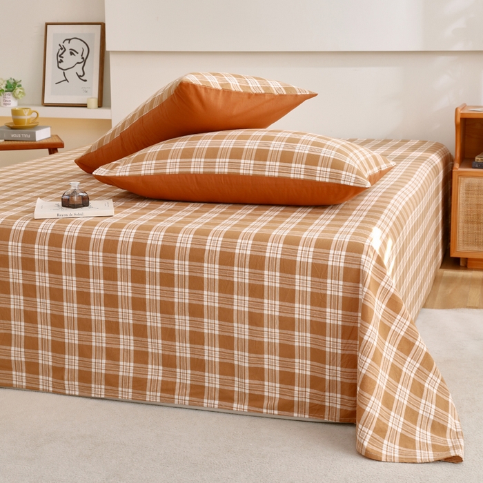 91家纺网 家纺一手货源 找家纺 春皖家纺 2026新款色织AB版水洗棉三件套四件套单品系列（单床单-A版风格一） 素雅-黄格