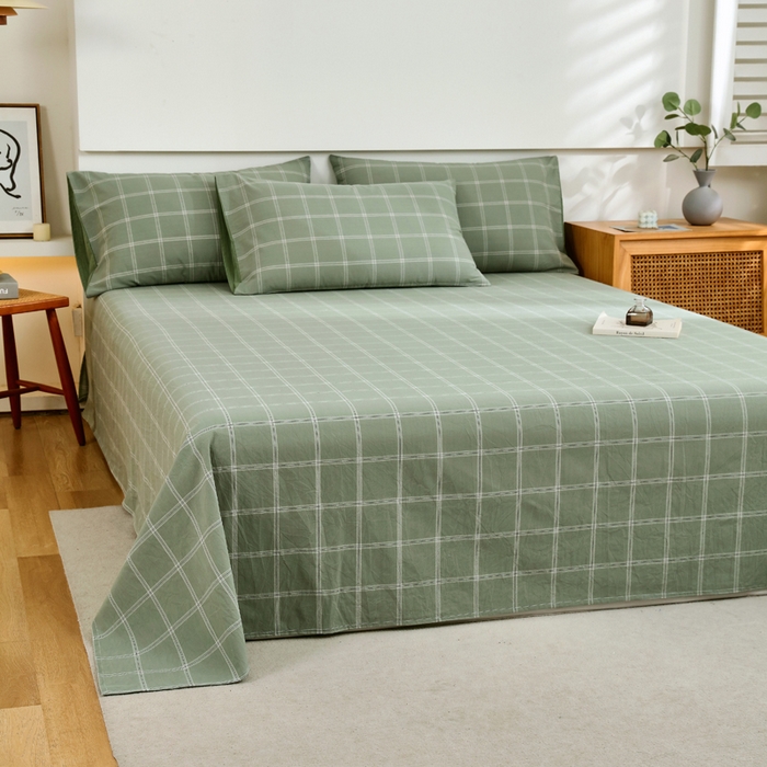 91家纺网 家纺一手货源 找家纺 春皖家纺 2026新款色织AB版水洗棉三件套四件套单品系列（单床单-A版风格一） 素雅-韵绿