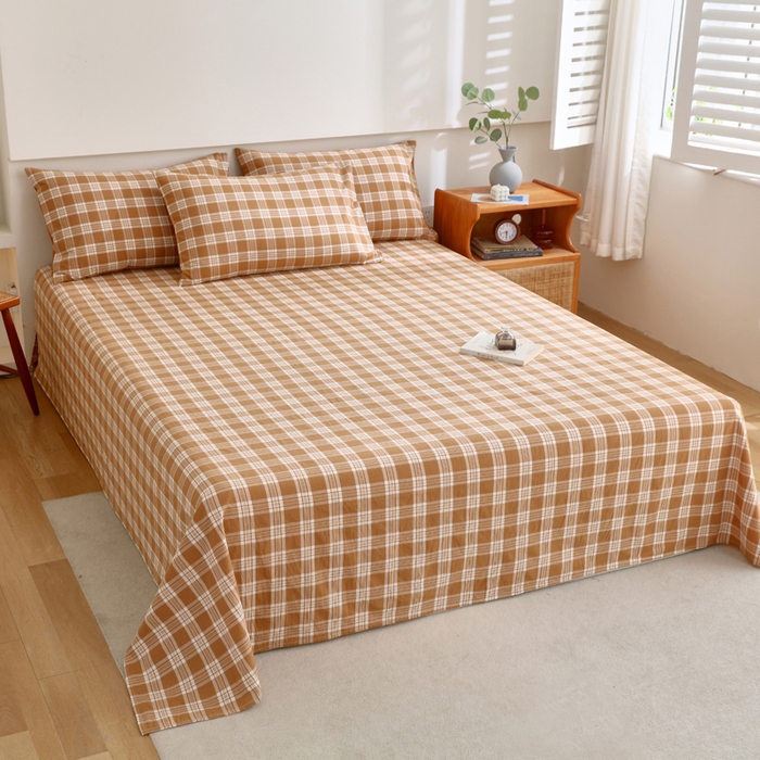 91家纺网 家纺一手货源 找家纺 春皖家纺 2026新款色织AB版水洗棉三件套四件套单品系列（单床单-A版风格一） 素雅-黄格