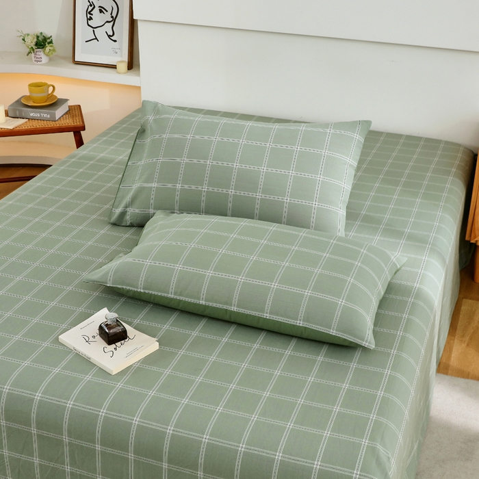 91家纺网 家纺一手货源 找家纺 春皖家纺 2026新款色织AB版水洗棉三件套四件套单品系列（单床单-A版风格一） 素雅-韵绿