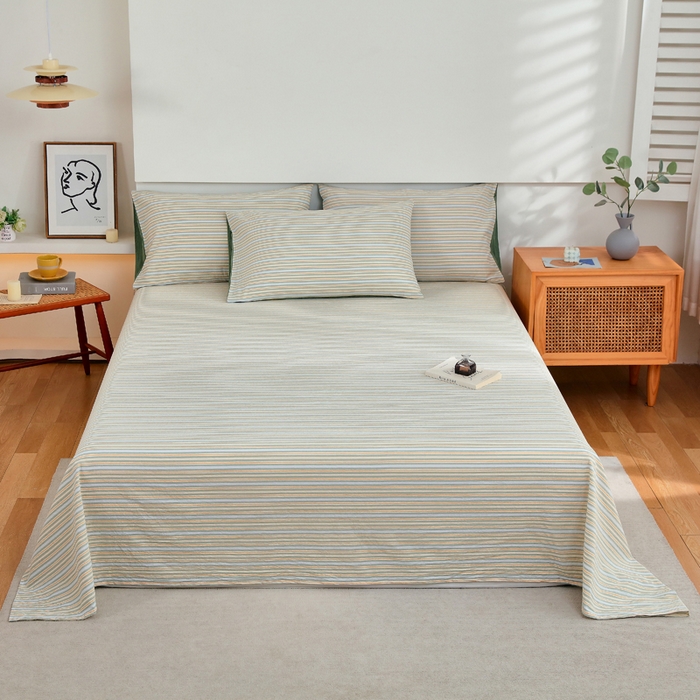 春皖家纺 2026新款色织AB版水洗棉三件套四件套单品系列（单床单-A版风格一） 素雅-绿条