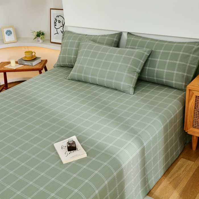 91家纺网 家纺一手货源 找家纺 春皖家纺 2026新款色织AB版水洗棉三件套四件套单品系列（单床单-A版风格一） 素雅-韵绿