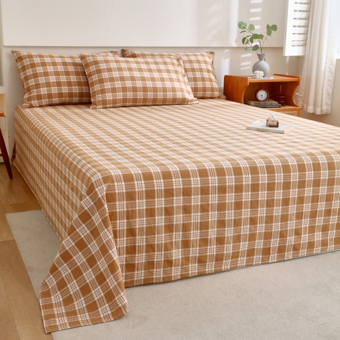 91家纺网 家纺一手货源 找家纺 春皖家纺 2026新款色织AB版水洗棉三件套四件套单品系列（单床单-A版风格一） 素雅-黄格