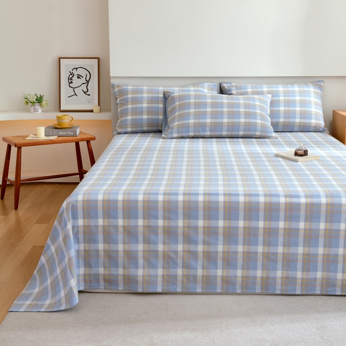 91家纺网 家纺一手货源 找家纺 春皖家纺 2026新款色织AB版水洗棉三件套四件套单品系列（单床单-A版风格一） 素雅-蓝格