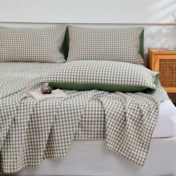 91家纺网 家纺一手货源 找家纺 春皖家纺 2026新款色织AB版水洗棉三件套四件套单品系列（单床单-A版风格一） 素雅-绿格