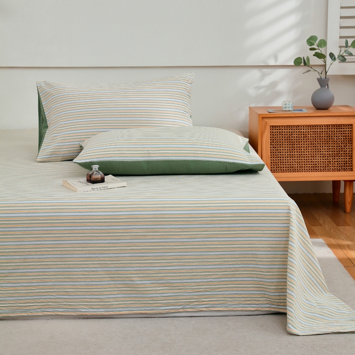 91家纺网 家纺一手货源 找家纺 春皖家纺 2026新款色织AB版水洗棉三件套四件套单品系列（单床单-A版风格一） 素雅-绿条