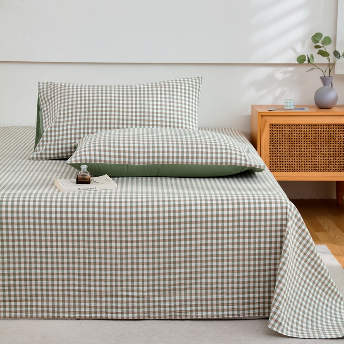 91家纺网 家纺一手货源 找家纺 春皖家纺 2026新款色织AB版水洗棉三件套四件套单品系列（单床单-A版风格一） 素雅-绿格