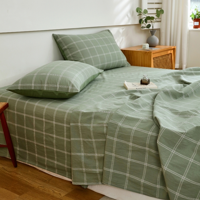 91家纺网 家纺一手货源 找家纺 春皖家纺 2026新款色织AB版水洗棉三件套四件套单品系列（单床单-A版风格一） 素雅-韵绿